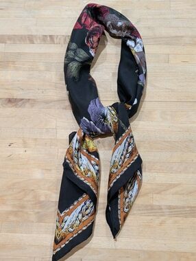Emanuel Geraldo Silk Square Scarf Red Lavender White Yellow Flowers On Black